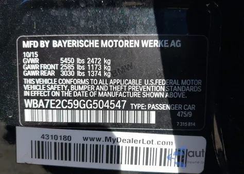 2016 BMW 740I z USA, uszkodzony, nr VIN WBA7E2C59GG504547